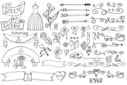 Doodle bridal shower border,ribbon,decor elements set