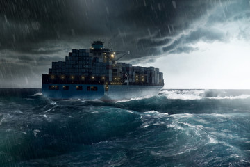 Cargo Ship in a Storm - obrazy, fototapety, plakaty