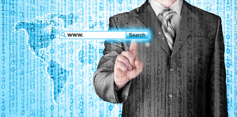 Businessman pushing virtual search bar