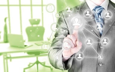 man hand pressing social media icon