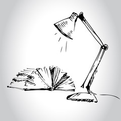 Open book and lamp sketch.