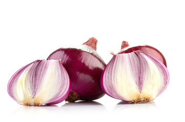 Red sliced onion isolated on white background