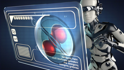 cyborg woman manipulatihg hologram display