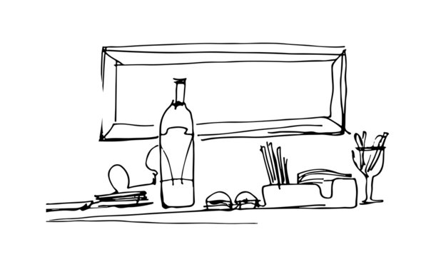 sketch still life with a bottle on the table