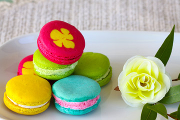 Colorful macarons set on table