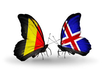 Two butterflies with flags Belgium and  Iceland