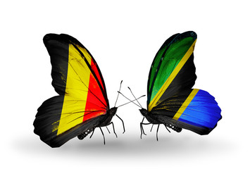 Two butterflies with flags Belgium and Tanzania