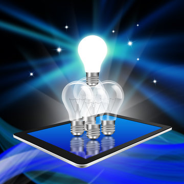 Teamwork with idea light bulbs on tablet,tablet  illustration