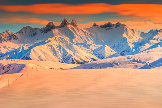 Winter landscape and fantastic sunset,La Toussuire,France,Europe