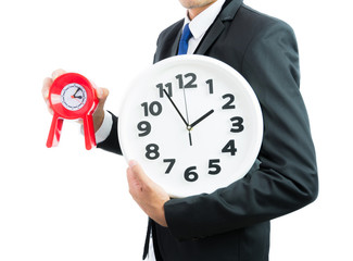Red and white clock holding in businessman hands isolated