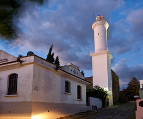 Lighthouse tower at dusk.