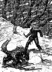 Man and wolf at night in the snowy forest