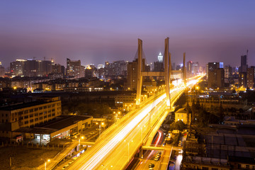 Fototapeta na wymiar Traffic through city bridge at night in hangzhou,china