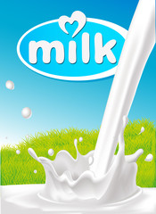 milk design with pouring splash of milk, green grass