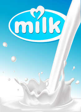 milk design with pouring splash of milk  and blue background