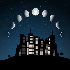 Moon Phases above Night City Vector