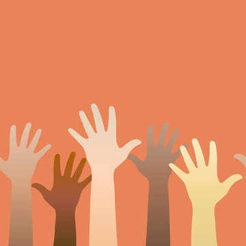 Hands raised up. Concept of volunteerism, multi-ethnicity, equal
