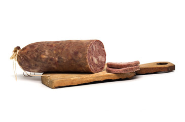 Sausage meat on a cutting board. Photo.