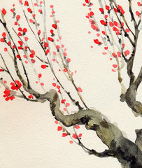 Naklejka premium Watercolor background. Red flowers on tree branches