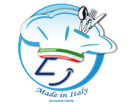 Funny italian chef with clutery on hat