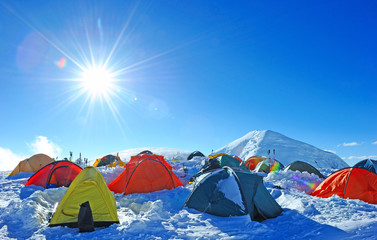 Tents of climbers high in the mountains