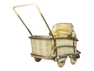 Retro baby stroller isolated on white