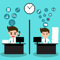 Lazy business man and active business man in same office.