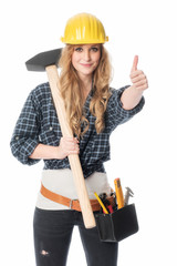 Handwerker mit Hammer zeigt Daumen hoch