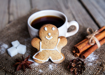 Christmas food. Gingerbread man cookies in Christmas setting.