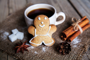 Christmas food. Gingerbread man cookies in Christmas setting.