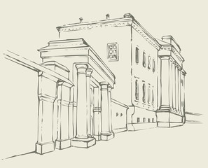 Vector sketch. Massive building with a colonnade