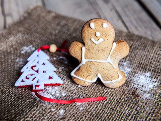 Christmas food. Gingerbread man cookies in Christmas setting.
