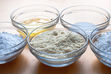 Ingredients for macarons: eggwhite, sugar and almonds