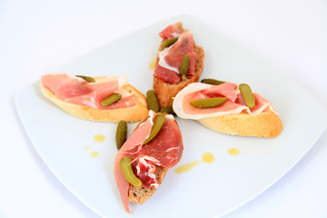 Jamon. Serrano ham, prosciutto served on bread. Tapas food