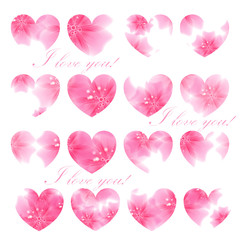 Beautiful greeting card. Pink flowered hearts. Vector illustrati