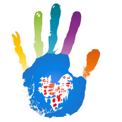Conceptual children painted hand print and heart isolated