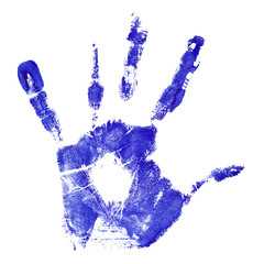 Conceptual children blue painted hand print isolated