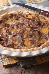 onion pie with cheese and cream in baking dish closeup. Vertical