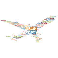 Conceptual flying travel or tourism plane word cloud