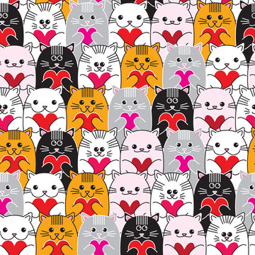 Cats with hearts in hands seamless vector pattern