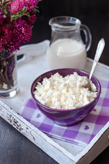 Homemade cottage cheese with milk on the table