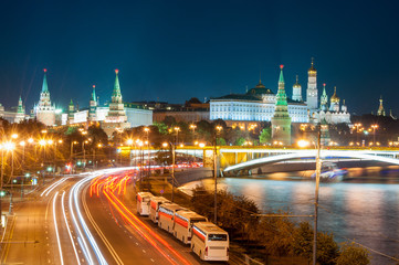 Evening in Moscow. Night view of the Kremlin and bridge