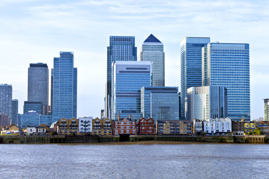 Skyline of London financial district over Thames river
