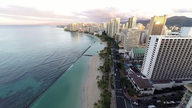 Aerial of Waikiki Beach and hotels in Waikiki, Hawaii, USA