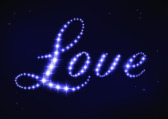 Stylized blue word love in style of star constellation