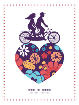 Vector colorful bouquet flowers couple on tandem bicycle heart