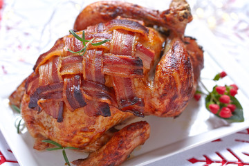 Whole roasted chicken with bacon