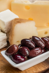 Kalamata olives and several kinds of cheese