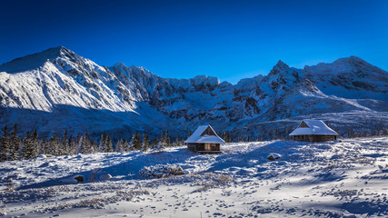 Fototapeta na wymiar Winter cottages in the high mountains
