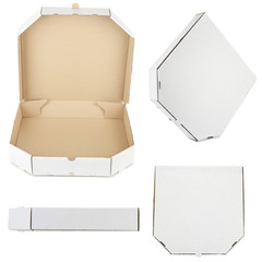 Collage of cardboard pizza boxes, isolated on white